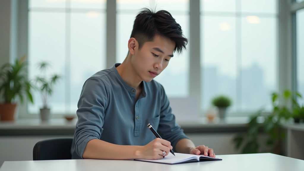 Person writing in notebook at desk with clarity and focus, natural lighting