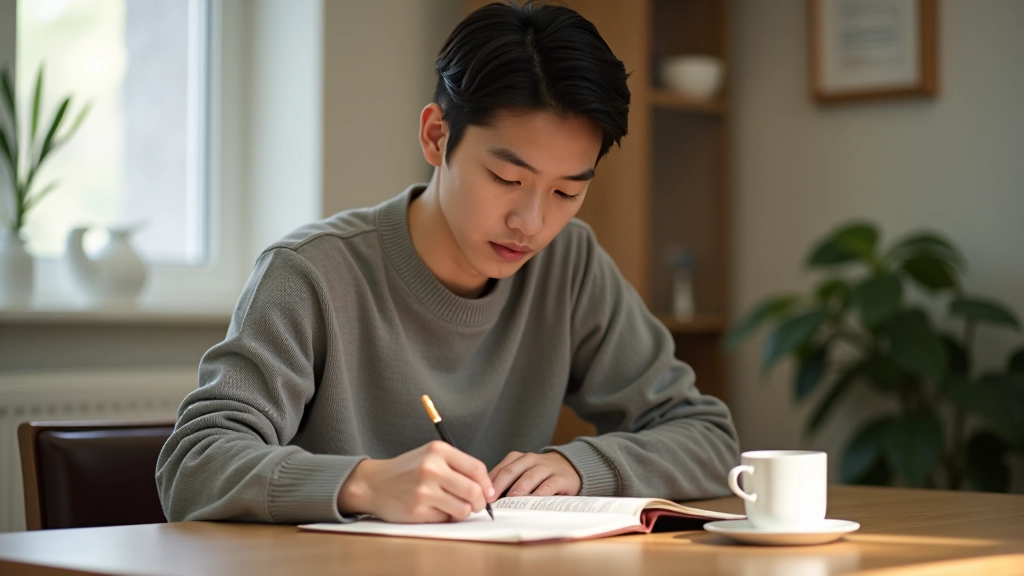 Person writing in journal at desk with morning coffee, thoughtful expression, natural light, focused moment