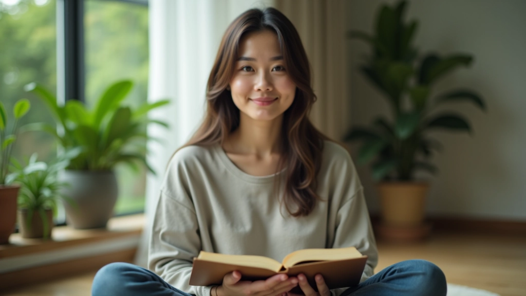 Person sitting peacefully with journal, surrounded by plants and natural elements, calm expression